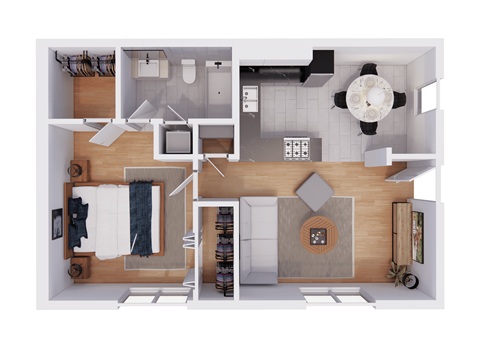 a 3d floor plan of a house with a bedroom and a living room